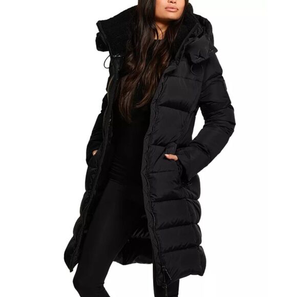 SAM NY Women Black Savannah Down Hooded Puffer Coat Shearling Collar Size Medium